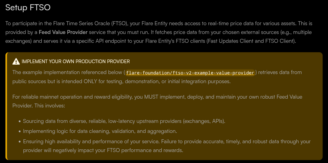 Flare Foundation Setup FTSO notice titled Implement Your Own Production Provider, stating that the example implementation is only for testing, demonstration, or initial integration and that mainnet operators must maintain their own robust feed value provider.